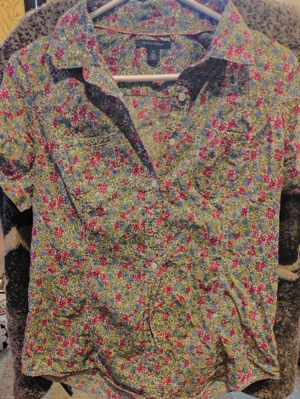 Tommy Hilfiger Short-Sleeve Floral Button-Up in Green, Pink & Blue
